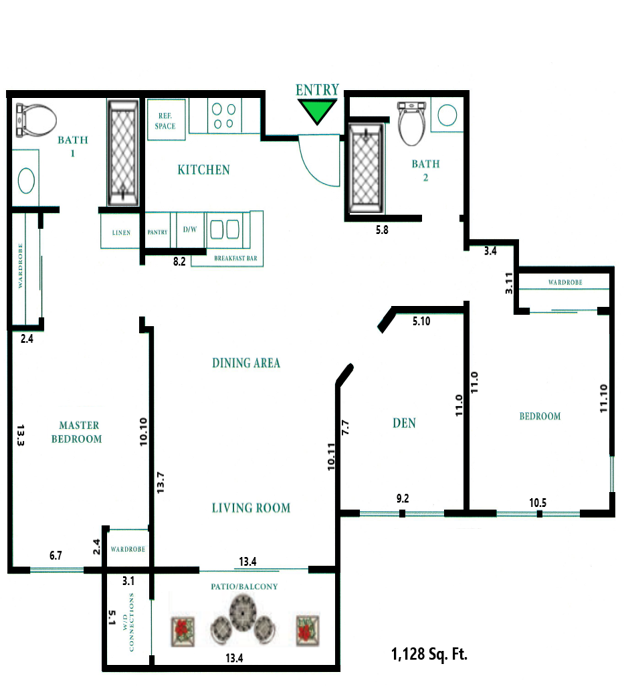 Floor plan for 2 beds, 2 baths, 1128 sqft